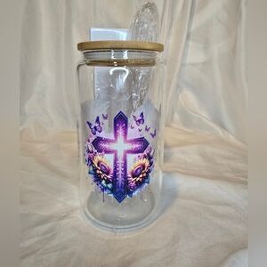 Glass Jar Custom Made with Cross and Butterfly Design New
